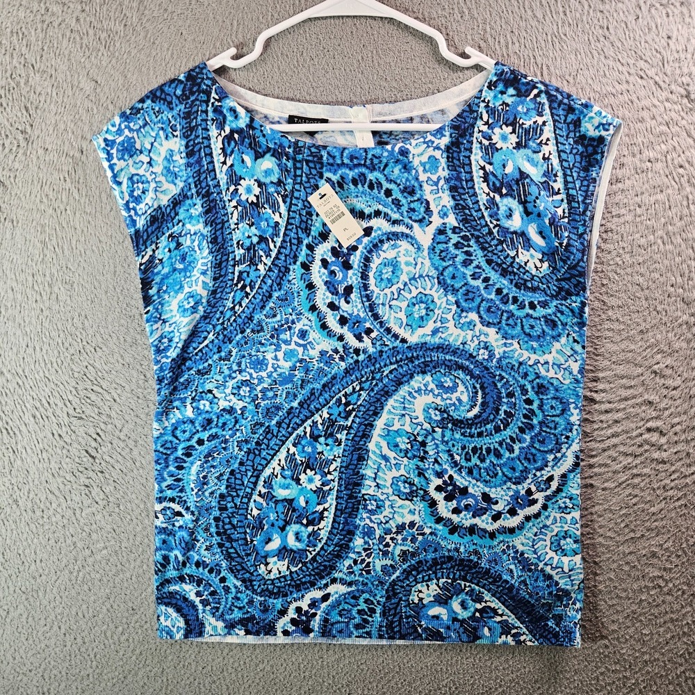 NEW Talbots Knit Top Women Large Petie Paisley Print Blue White NEW